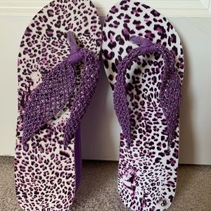 Purple and White Cheetah Print Flip Flop Wedges